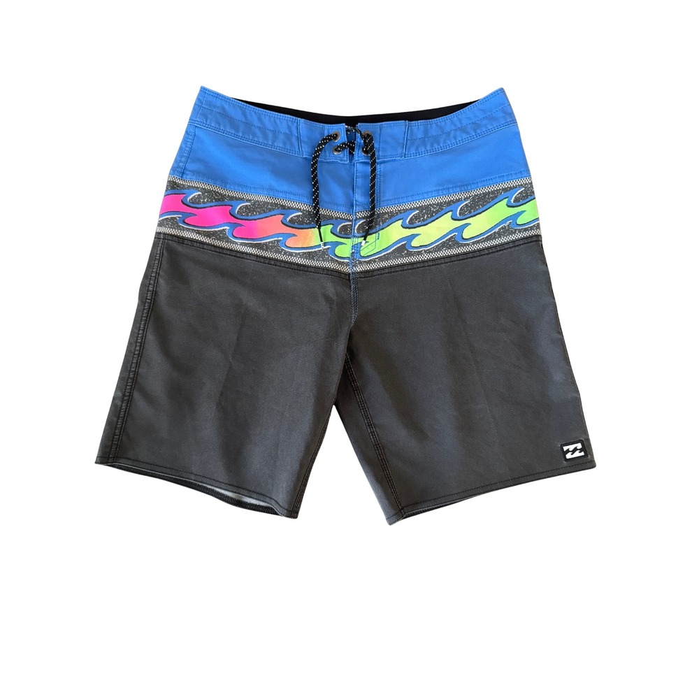 Billabong Boys Board Shorts Size 27 Black Blue Neon Wave Swim Trunks Excellent